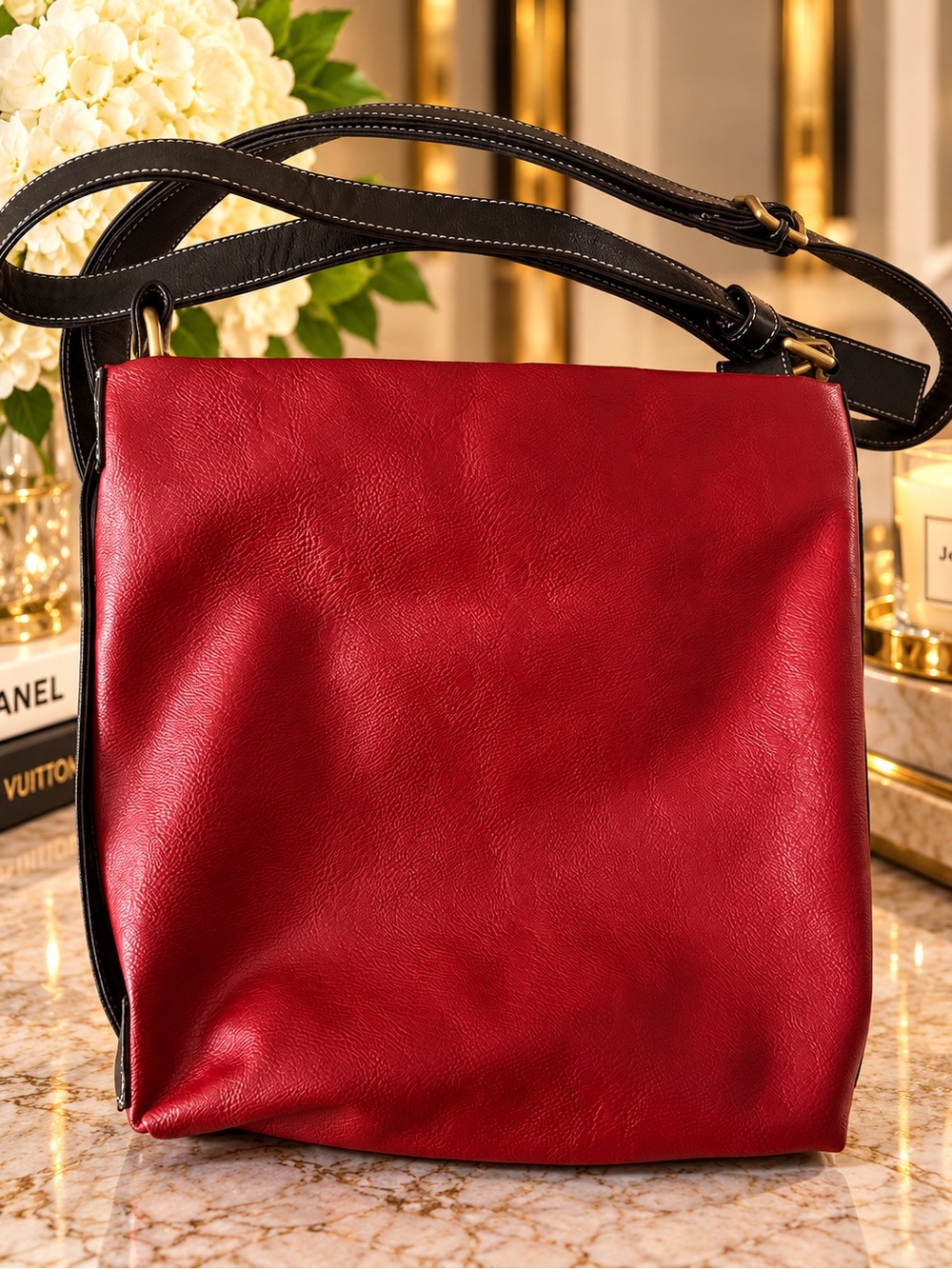 Classic Red Leather Shoulder Bag with Black Adjustable Strap